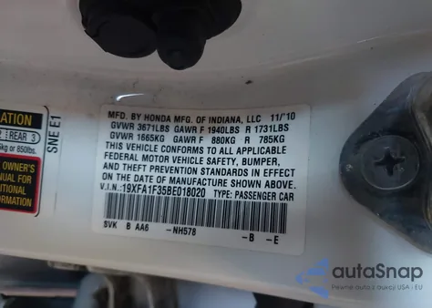 2011 Honda Civic Vp z USA, uszkodzony, nr VIN 19XFA1F35BE018020